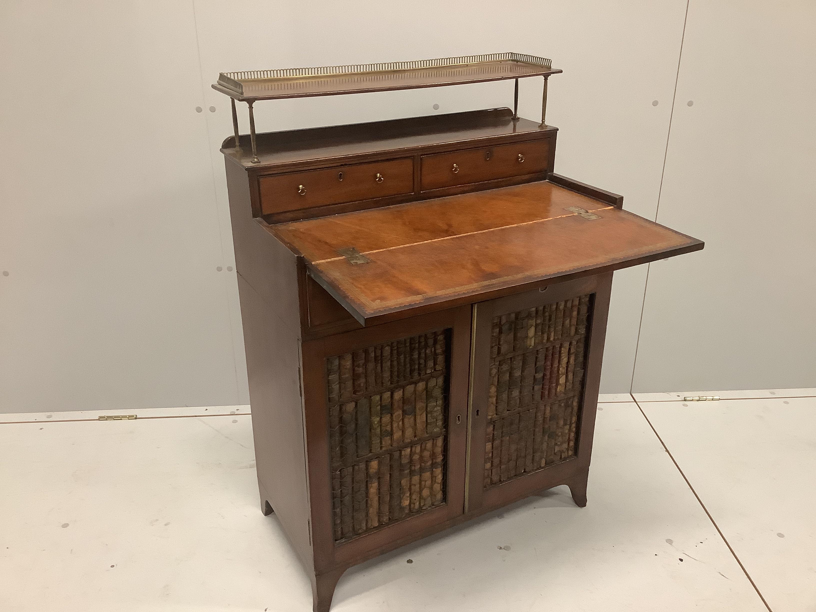 A Regency style mahogany chiffonier with folding writing surface, width 71cm, depth 40cm, height 104cm